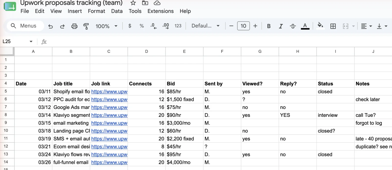 A spreadsheet used to track Upwork proposals by hand, with missing statuses and notes like "forgot to log" and "check later"
